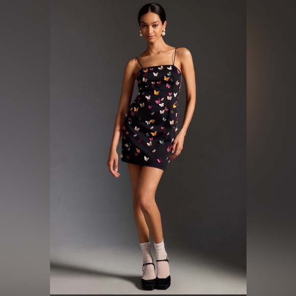 Maeve Anthropologie Black 3D Butterfly Embroidered Mini Dress Size 10 - Picture 8 of 12